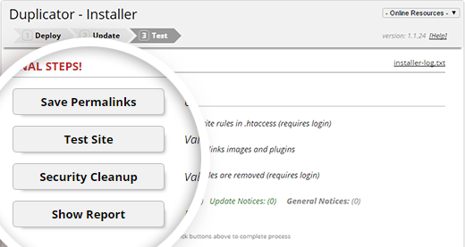 Duplicator installer final steps